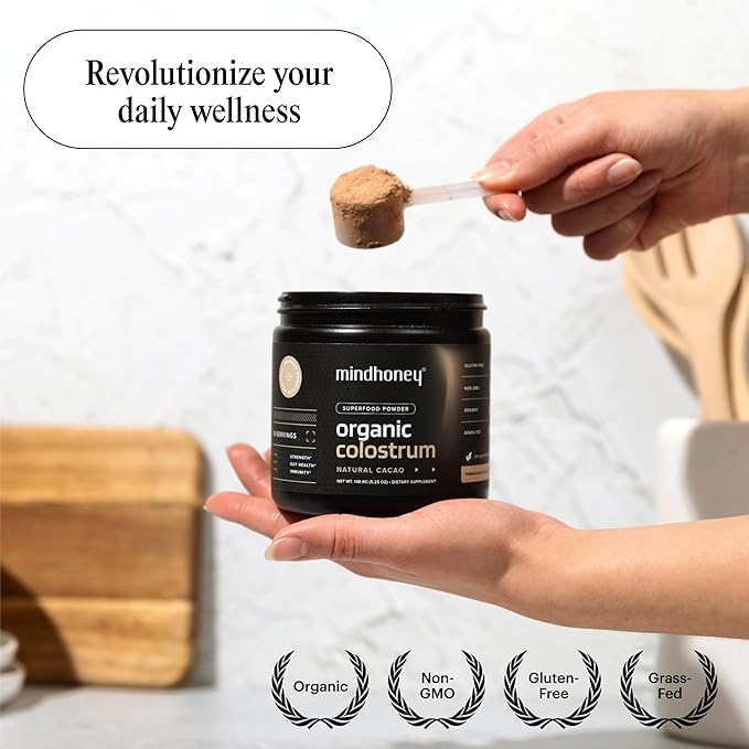 MINDHONEY Organic Colostrum | Premium Cacao Flavored Superfood Powder | Gut Health &amp; Immunity, Skin &amp; Hair, Anti-Aging, Performance &amp; Recovery | Grass-Fed, Pasture-Raised | 30 Servings
