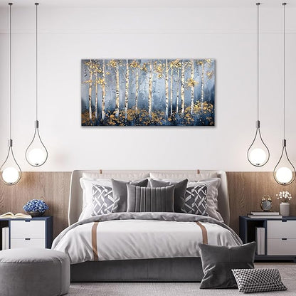 Large White Birch Wall Art Forest Golden Leaves Canvas Living Room Nature Landscape Pictures Framed Prints Oversize Wall Decor Painting Artwork for Bedroom Dining Home 60"x30"