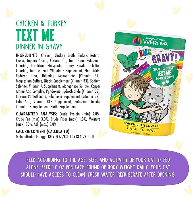 Weruva B.F.F. OMG - Best Feline Friend Oh My Gravy!, Chicken &amp; Turkey Text Me with Chicken &amp; Turkey in Gravy, 2.8oz Pouch (Pack of 12)