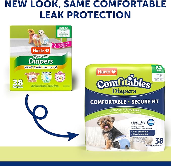 New! Hartz® Comfitables® Disposable Dog Diapers, Size XS 38 count, Comfortable &amp; Secure Fit, Easy to Put On, Super Absorbent Male and Female Diaper