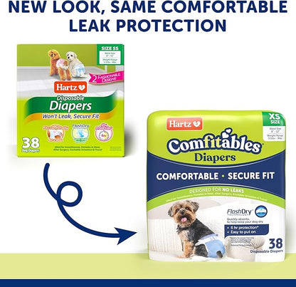 New! Hartz® Comfitables® Disposable Dog Diapers, Size XS 38 count, Comfortable &amp; Secure Fit, Easy to Put On, Super Absorbent Male and Female Diaper
