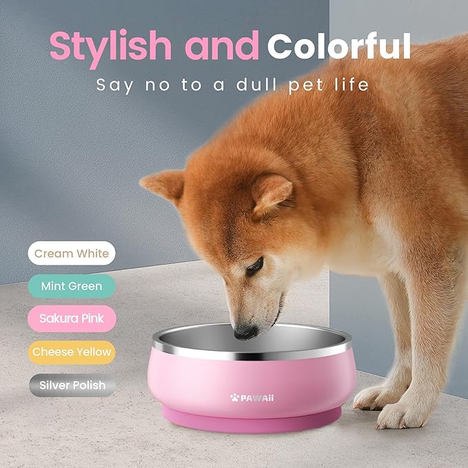 Pawaii Stainless Steel Dog Bowl with Non-Slip Rubber Base &amp; Double Wall Insulation - Durable Design | Includes ID Tag | Dishwasher Safe Food &amp; Water Bowl for All Dogs (34oz)