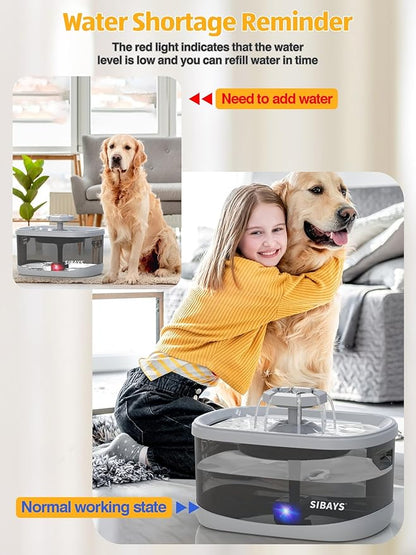 SIBAYS 2.5Gal/9.5L Dog Water Fountain for Large Dogs, 3 Flow Modes Large Pet Water Fountain for Cats, Automatic Dog Water Bowl Dispenser with 7" Filter &amp; Smart LED Pump, Quiet, BPA-Free Material(FS68)