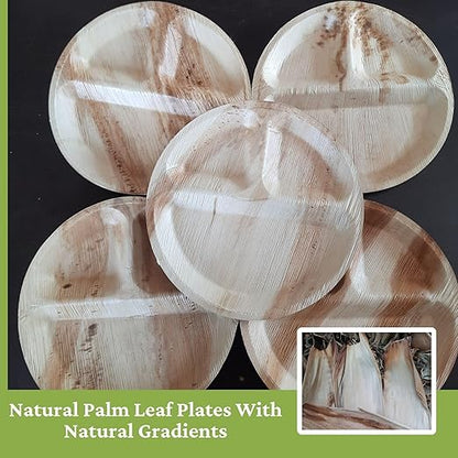 Dtocs 3 Compartment Plates (50 Pc) Palm Leaf 10 Inch Round Portion Control Buffet Sectional Plate | Bamboo Plates Disposable Like Compostable Camping Dinnerware Stronger than Divided Paper, Styrofoam