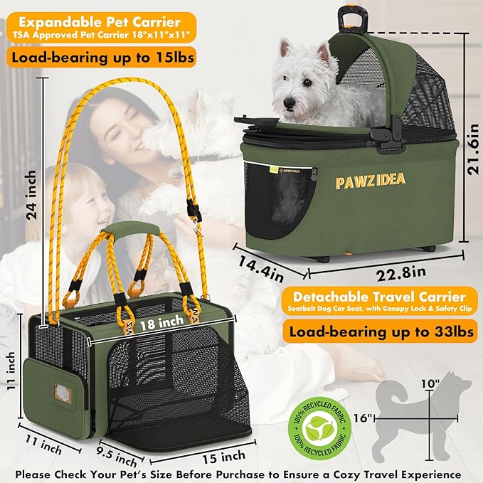 PAWZIDEA Double Pet Stroller with 2 Detachable Carriers, Portable Dog Crate for Car Travel &amp; TSA-Approved Expandable Cat Carrier, Foldable Lightweight Jogger Stroller for 2–4 Cats or Small/Medium Dogs