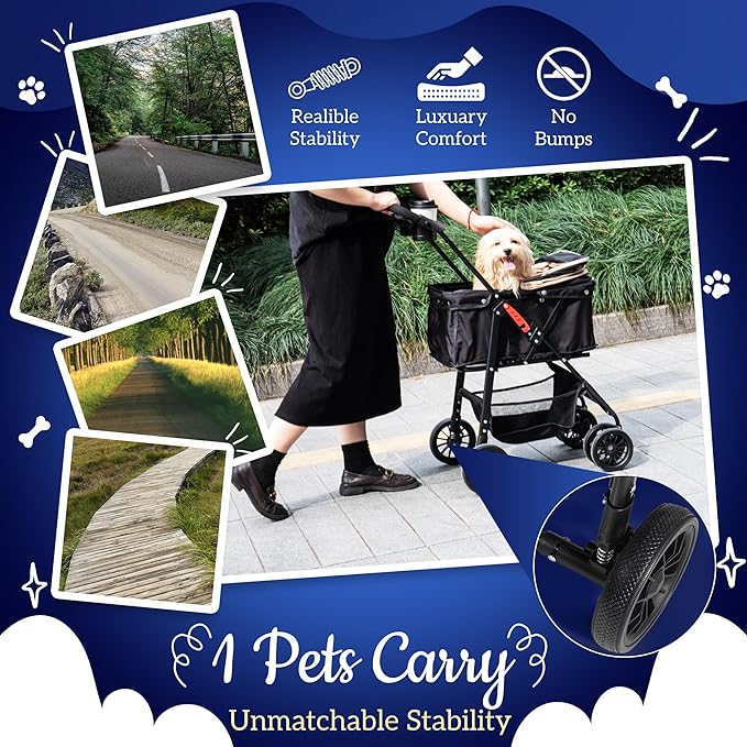Pet Stroller with 4 Rolling Casters for Pets – Lightweight Multifunctional Travel Stroller with Mesh Windows, Cup Holder, Sun Shades &amp; Storage Pocket for Puppy and Kitty
