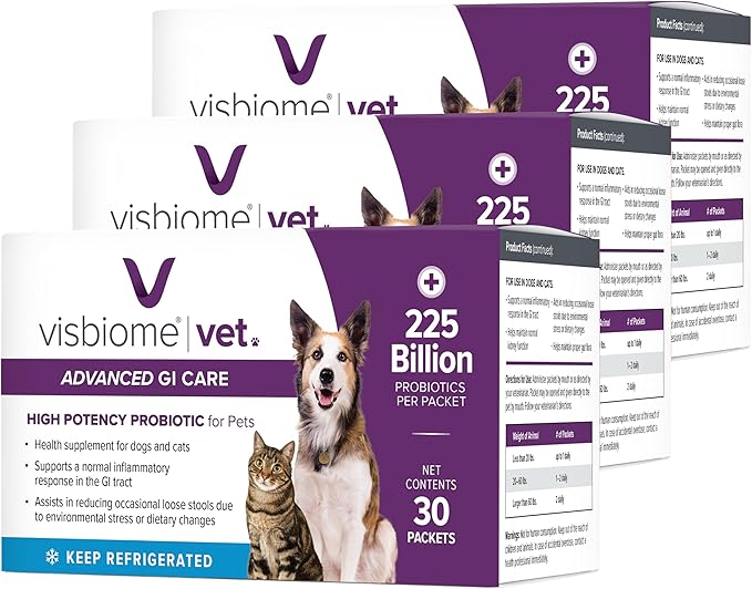 Visbiome® Vet Advanced GI Care Probiotic for Dogs &amp; Cats – 225B CFU, 8-Strain Formula – Veterinarian Recommended, Clean Label Certified – 90 Packets