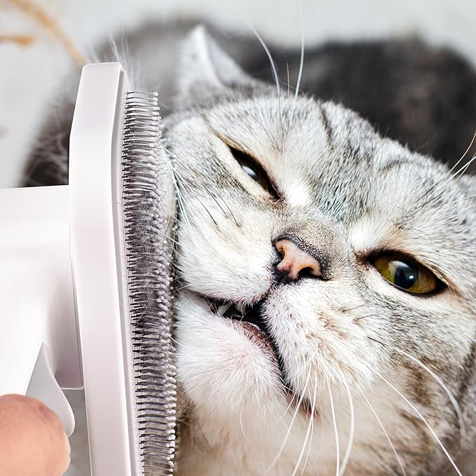 Self Cleaning Slicker Dog Cat Brush for Shedding - Deshedding Tool with Max Massage Tips, Grooming Brush for Short Medium Haired Cats &amp; Dogs (White)