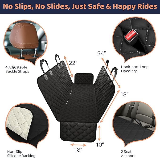 Dog Car Seat Cover for Back Seat, Waterproof Hammock for Car, SUV &amp; Truck, Non-Slip Backseat Cover for Dogs, Heavy-Duty Dog Hammock Style Seat Protector Pets, Easy to Install &amp; Clean