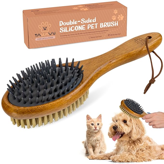TAKAVU Short Hair Dog &amp; Cat Deshedding Brush - Double Sided Grooming Tool with Silicone Massage &amp; Bristle Sides - Removes Loose Fur &amp; Dirt - Wood Handle