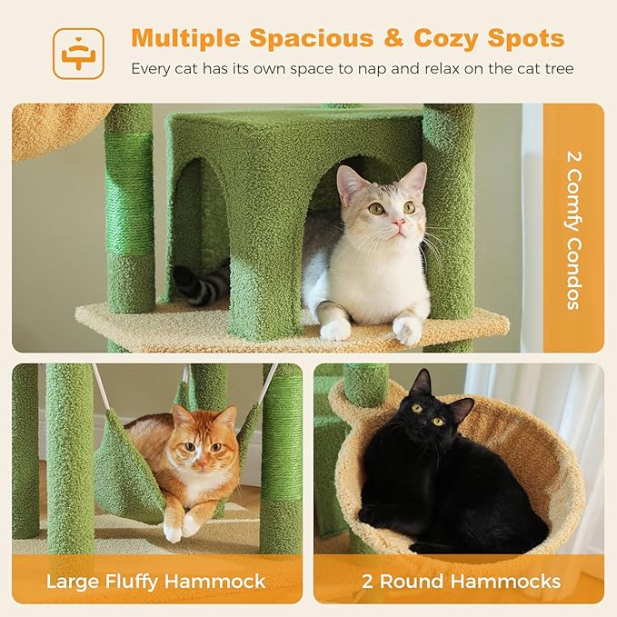 71.2" Large Cat Tree for Multi-Cat Households - 9-Level Cat Tower w/5 Sisal Scratching Posts, 2 Condos, Soft Hammock, Top Perch &amp; Pom Poms - Heavy-Duty Space-Saving Design, Cactus Green