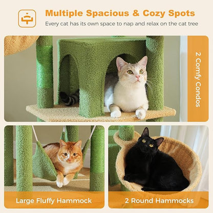 71.2" Large Cat Tree for Multi-Cat Households - 9-Level Cat Tower w/5 Sisal Scratching Posts, 2 Condos, Soft Hammock, Top Perch &amp; Pom Poms - Heavy-Duty Space-Saving Design, Cactus Green