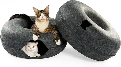 Cattasaurus Peekaboo Cat Cave, Extra Spacious for Multiple &amp; Large Cats 12+ lbs, Scratch Detachable Beds for Indoor Cats, Washable Tunnel Bed, Comfy Cat Donut Tunnel (Dark Gray+Dark Gray, Jumbo)