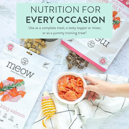 Meow e - Chicken &amp; King Salmon Recipe, Dry Cat Food Use as a Complete Diet, Topper, Mixer, or as Cat Training Treats, All Life Stages, 3.5 oz