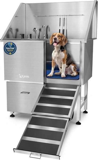 KANIS Professional Dog Washing Station - 304 Stainless Steel Pet Wash Sink &amp; Grooming Bath Tub for Home with Ramp, Shower, Floor Grate, Storage Drawer, Faucet, Drain Kit for Large, Medium &amp; Small Pets