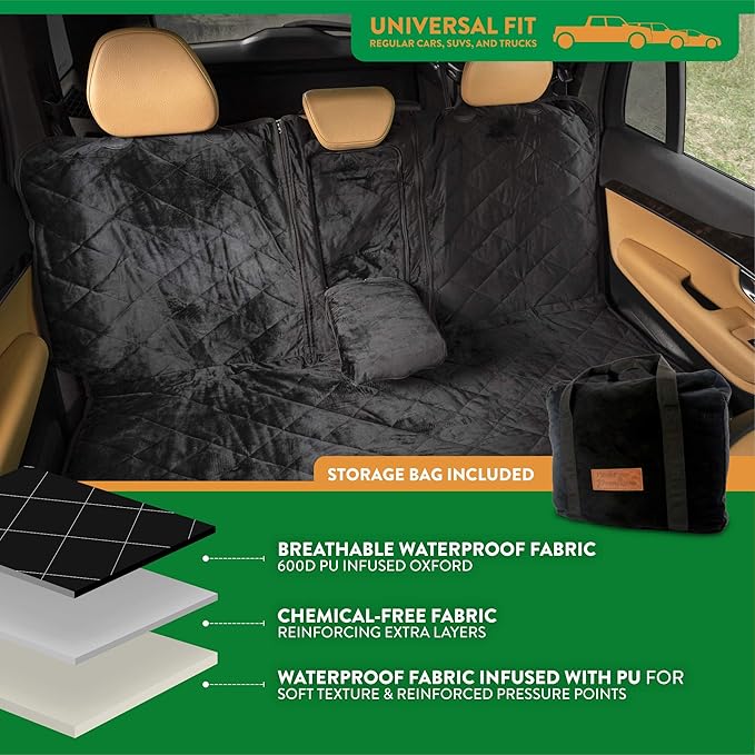 Plush Paws Products Luxury Rear Car Seat Protector w/Hammock | Washable &amp; Waterproof Back Seat Dog Cover for Car, Truck, &amp; SUV | Nonslip, Tear Resistant Pet Seat Cover | Regular Charcoal