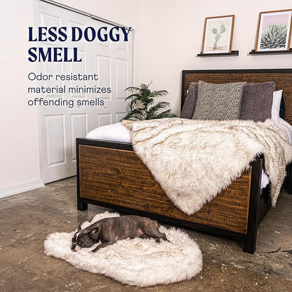 PupRug Orthopedic Dog Bed for Large Dogs with Fluffy Soft Faux Fur and Memory Foam for Joint Pain Relief, Machine Washable and Waterproof Couch Bed, White with Brown Accents, Medium
