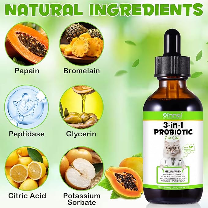 3-in-1 Probiotics for Cats with Digestive Enzymes &amp; Prebiotics – Supports Gut Health, Immune System &amp; Diarrhea Relief – 60ml for Cats of All Ages