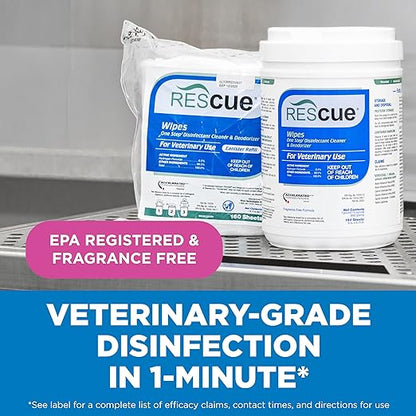 REScue One-Step Disinfectant Cleaner &amp; Deodorizer Wipes for Vet Use – Cleaner for Kennels, Litter Boxes, Vet Offices, Pet Grooming Surfaces – Wipes Canister, 160-Count (Pack of 12)