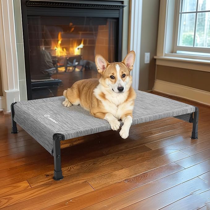 Veehoo Cooling Outdoor Dog Bed, Heavy Duty Elevated Pet Bed with Washable &amp; Breathable Teslin Mesh, Non-Slip Silicon Feet, Dog Cot Bed with Support Hem, 35" x 22", Black Silver, CWC2433