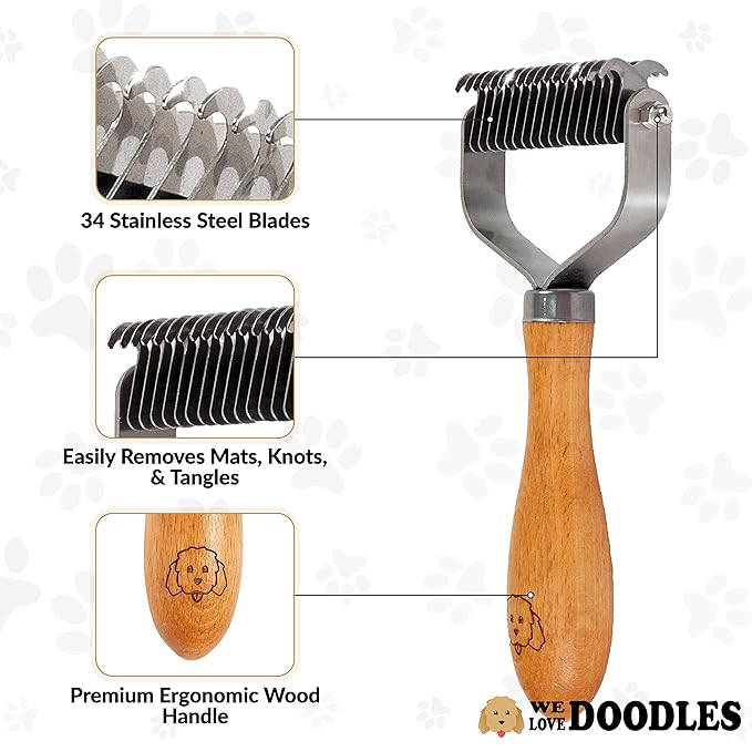 We Love Doodles Pet Dematting Comb and Pet Dematting Brush &amp; Rake (Bundle) - Deshedding Undercoat Rake and Detangler Brush For Dogs, Comb Tool For Grooming, for Detangling Thinning and Shedding