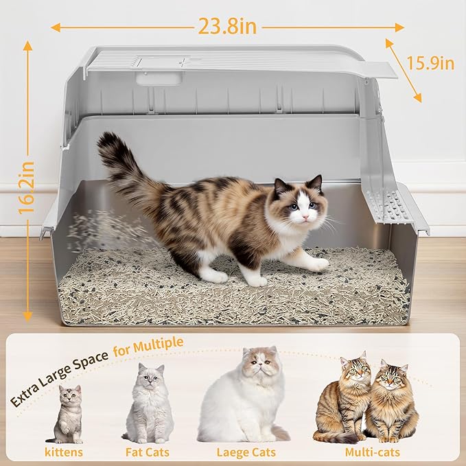 Stainless Steel Litter Box with Lid, XL Extra Large Cat Litter Box, Enclosed Metal Litter Pan with High Sided Enclosure &amp; Scoop, Anti Leakage, Easy to Clean, Odor Control (White)