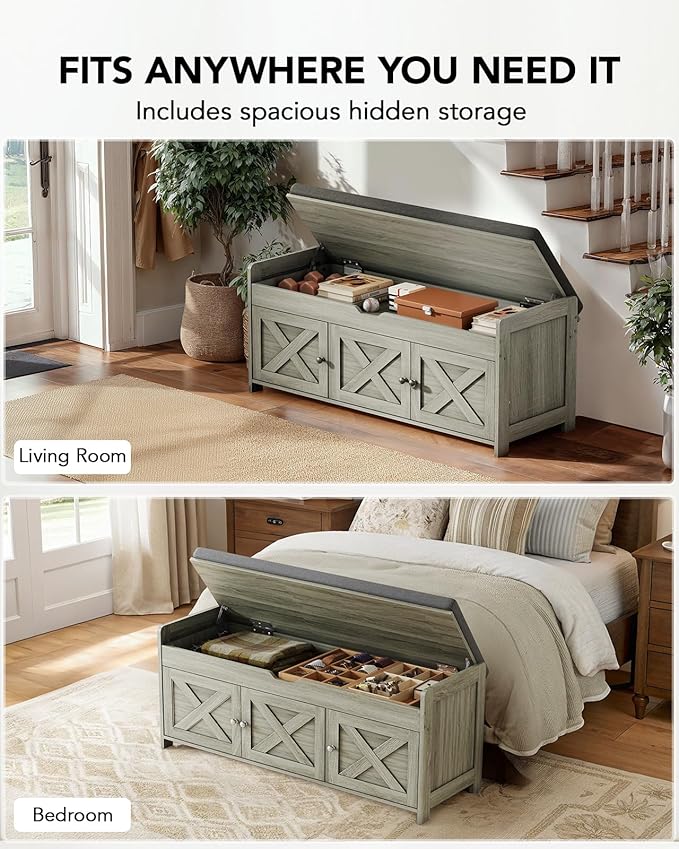 Amada Shoe Bench, Entryway Bench with Cushioned Seat &amp; Lift Top Storage, 3 Doors, Adjustable Shelf, 300 lbs Capacity, Storage Bench with Shoe Rack for Entryway, Bedroom, Living Room, Gray