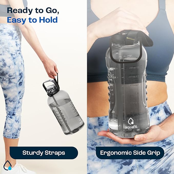 AQUAFIT 128 oz Water Bottle with Time Marker - 2in1 Straw &amp; Chug Lid - BPA Free Big Jug with Straw - Gym Water Bottle with Strap (128 Ounces, Clarity)