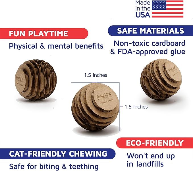 Cat Ball Toys by Americat – Made in USA – Safe Cardboard Cat Toys – for Interactive and Independent Play, Exercise &amp; Stress Relief for All Breeds &amp; Ages (Pack of 3 Round Balls)
