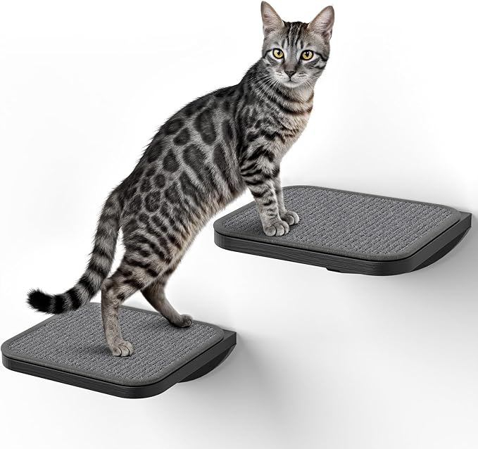 Grey Sisal-Padded Cat Wall Steps (2-Pack), Floating Wooden Cat Perch and Climbing Step Set, Wall Mounted Furniture for Jumping &amp; Play