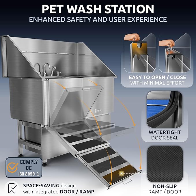 KANIS Professional Dog Washing Station - 304 Stainless Steel Pet Wash Sink &amp; Grooming Bath Tub for Home with Ramp, Shower, Floor Grate, Storage Drawers, and Faucet for Large, Medium &amp; Small Pets