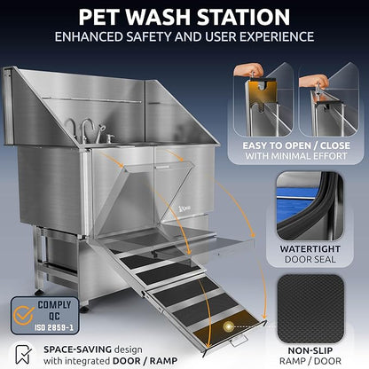 KANIS Professional Dog Washing Station - 304 Stainless Steel Pet Wash Sink &amp; Grooming Bath Tub for Home with Ramp, Shower, Floor Grate, Storage Drawers, and Faucet for Large, Medium &amp; Small Pets