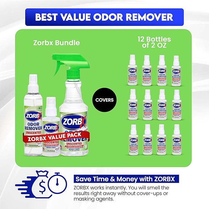 ZORBX Unscented Odor Eliminator for Strong Odor 16 Oz + 7.5 Oz + 2 Oz - Used in Hospitals &amp; Healthcare Facilities - Advanced Formula, Fast-Acting Odor Remover Spray for Dog, Cat, House &amp; Carpet