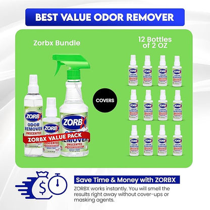 ZORBX Unscented Odor Eliminator for Strong Odor 16 Oz + 7.5 Oz + 2 Oz - Used in Hospitals &amp; Healthcare Facilities - Advanced Formula, Fast-Acting Odor Remover Spray for Dog, Cat, House &amp; Carpet