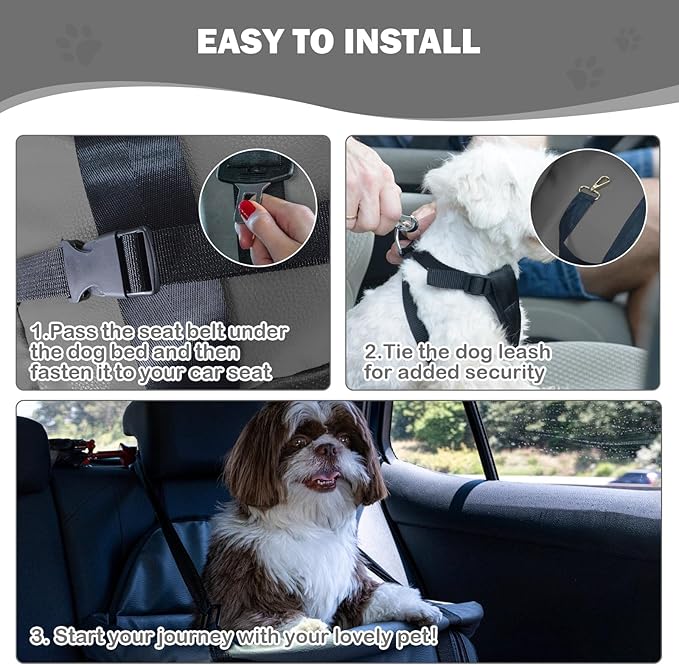 Dog Car Seat for Small Dogs, Large Leather Dog Car Bed with Storage Pocket, Waterproof PVC Leather Booster Seat Travel Bed for Front &amp; Back Seat, Clip-On Safety Leash (Black/Grey)