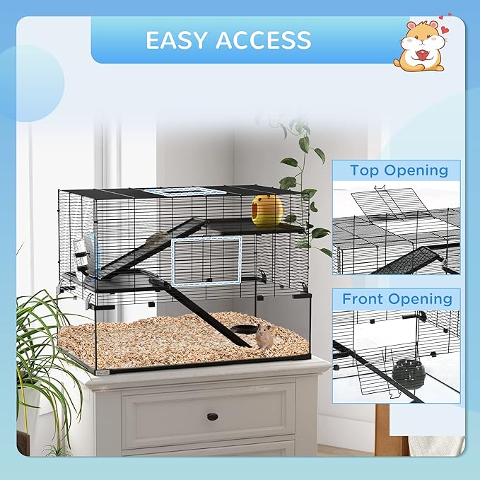 PawHut Large Hamster Cage with Deep Tempered Glass Bottom, 3 Tiers Hamster Tank with Running Wheel, Hut, Water Bottle, Dish, Rat Cage for Syrian, Dwarf, Gerbils, Mouse, 31" x 19" x 21.5", Black