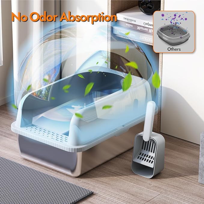 Stainless Steel Cat Litter Box with Lid, 24" L x 16" W x 11.8" H, Large Cat Litter Box for Multiple Cats with High Sided, No-Leak &amp; Stick, Easy to Clean, Includes Litter Mat &amp; Multi Functional Scoop