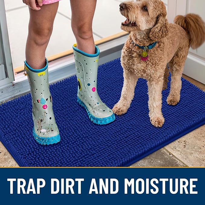 Smiry Dog Door Mat for Muddy Paws 30x20, Absorbs Moisture and Dirt Doormat, Non-Slip Washable Quick Dry Chenille Front Door Mat Indoor Entrance, Entryway Carpet for Inside Floor, Royal Blue