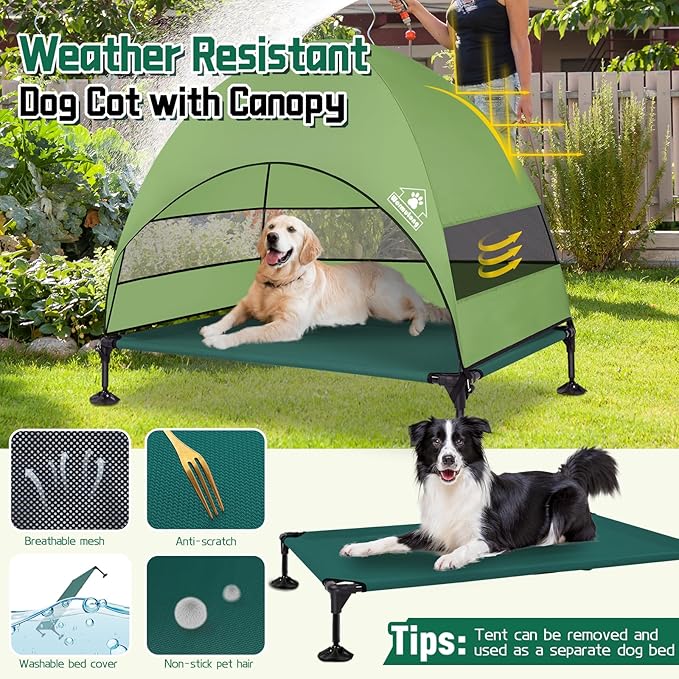 Elevated Outdoor Dog Bed with Canopy &amp; Adjustable Feet - Larger Shade for Camping, Backyard &amp; Patio