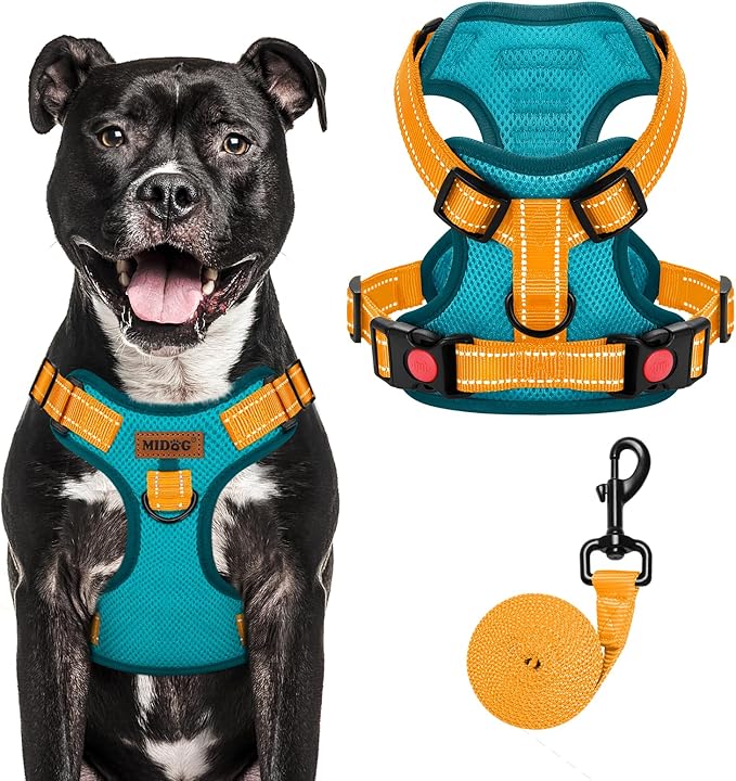 MIDOG No-Pull Dog Harness | Adjustable &amp; Reflective Pet Harness Leash Set for Small Medium Large Dogs Walking, Training| No Choke, Front Clip, Soft Padded Vest with Easy Control Handle - Blue, L