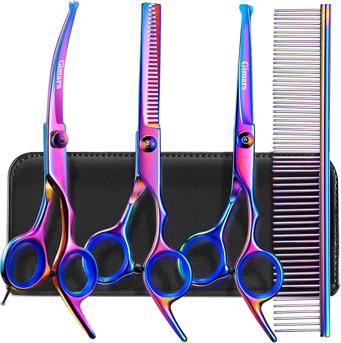 Gimars Dog Grooming Scissors Kit Professional 4CR with Safety Round Tip, 5 in 1 Heavy Duty Titanium Coated Thinning &amp; Curved &amp; Straight Shears