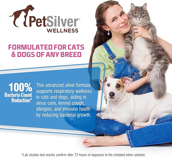 PetSilver Immune Support - Promotes Respiratory Health in Cats &amp; Dogs, Sinus &amp; Kennel Cough Treatment, Natural Antibiotic, Allergy Relief, Chelated Silver Formula, Easy-to-Use Dropper, USA - 2 fl oz
