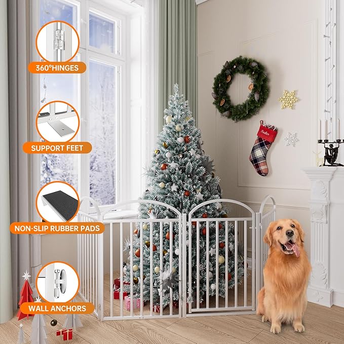 4 Panles Full Matel Freestanding Dog Gates with Door, 96"Extra Wide 32"Tall Free Standing Dog Pet Gate for Indoor &amp; Outdoor. Foldable Pet Fences for Doorways, House, Stairs, Porch, Deck, Yard