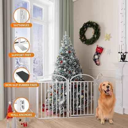 4 Panles Full Matel Freestanding Dog Gates with Door, 96"Extra Wide 32"Tall Free Standing Dog Pet Gate for Indoor &amp; Outdoor. Foldable Pet Fences for Doorways, House, Stairs, Porch, Deck, Yard