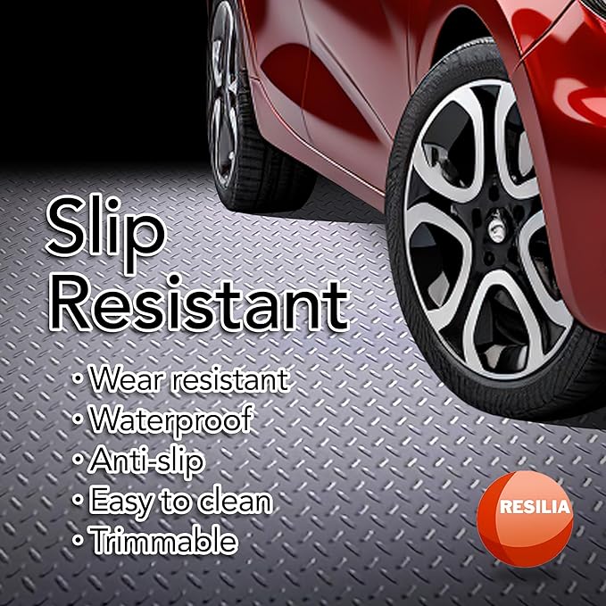 RESILIA Heavy Duty Garage Floor Runner &amp; Protector Mat - Slip Resistant Diamond Plate PVC Mats - Water, Spill, &amp; Stain Resistant, Silver (4 feet x 10 feet)
