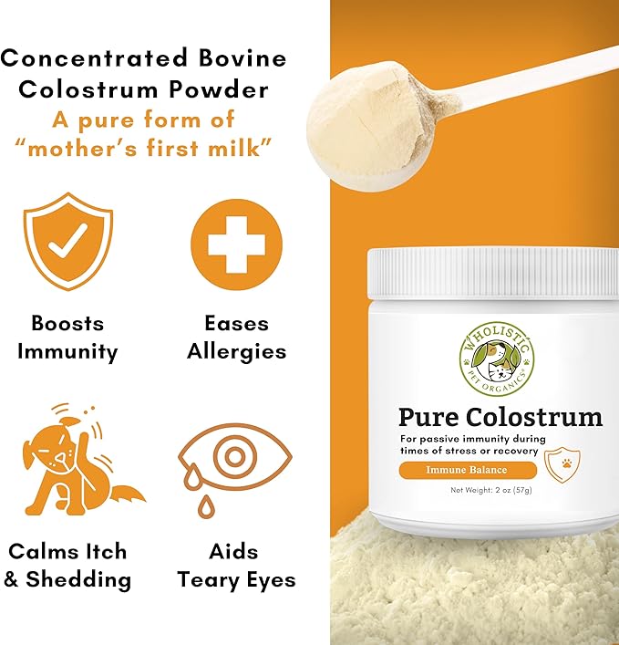 Wholistic Pet Organics Pure Colostrum - 2 Oz - Dog Allergy Relief &amp; Itchy Skin Treatment, Senior Dog Supplements &amp; Immune Support, Licking Paws Relief