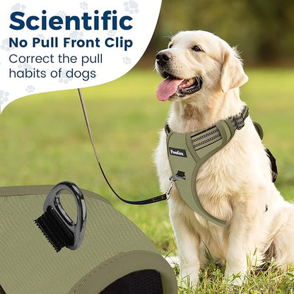 Funfox Dog Harness No Pull, Adjustable Pet Vest Harness, Super Soft Material with Vertical Handle Easy Control, Reflective Night Walking, 2 Leash Clips for Large Dogs, Army Green, L