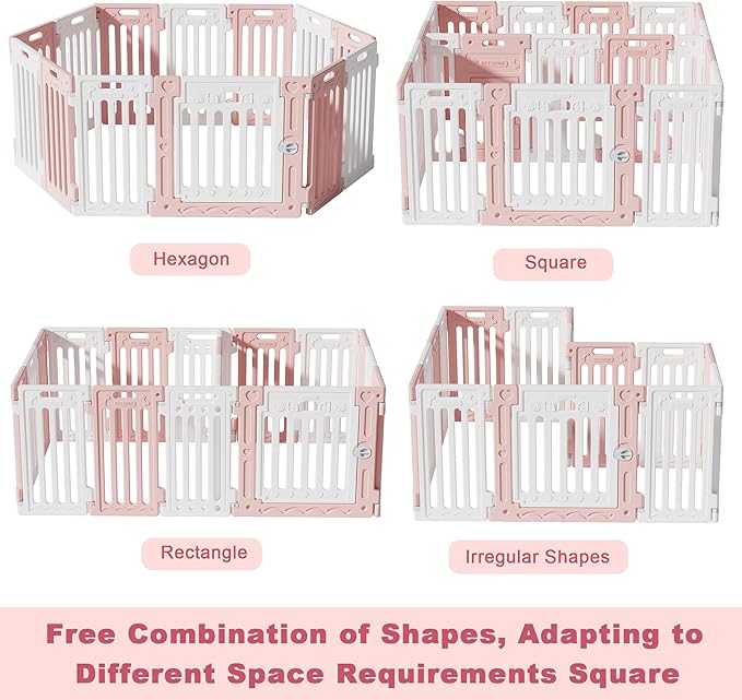 2 Room Dog Playpen with Door,DIY Shape Combination Puppy Pen,16-Panel+2 Link Piece+Large Door+Small Door,25.5" H Dog Fence,Non-Slip&amp;Secure Pet Gate,Easy to Assemble,Pink + White