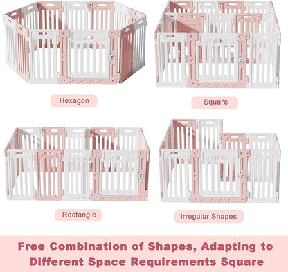 2 Room Dog Playpen with Door,DIY Shape Combination Puppy Pen,16-Panel+2 Link Piece+Large Door+Small Door,25.5" H Dog Fence,Non-Slip&amp;Secure Pet Gate,Easy to Assemble,Pink + White