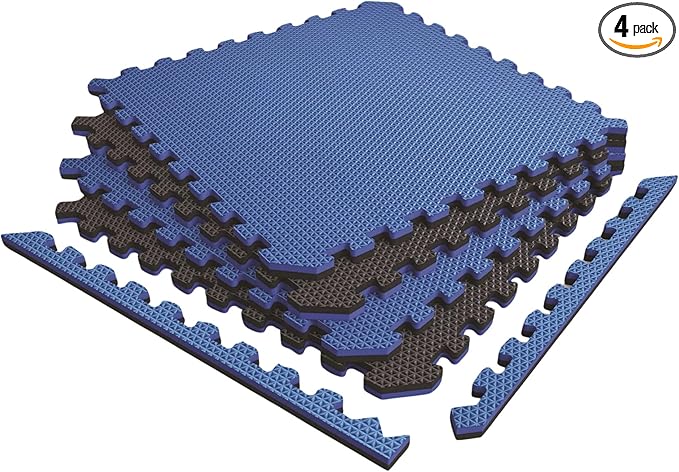Norsk Reversible Exercise Mats 3/4" Thick EVA Interlocking Foam Tiles, Perfect Home Gym Flooring, 4 Tiles &amp; 8 Trim Pieces, 16 Sq. Ft. 24"x24" Dazzling Blue/Black
